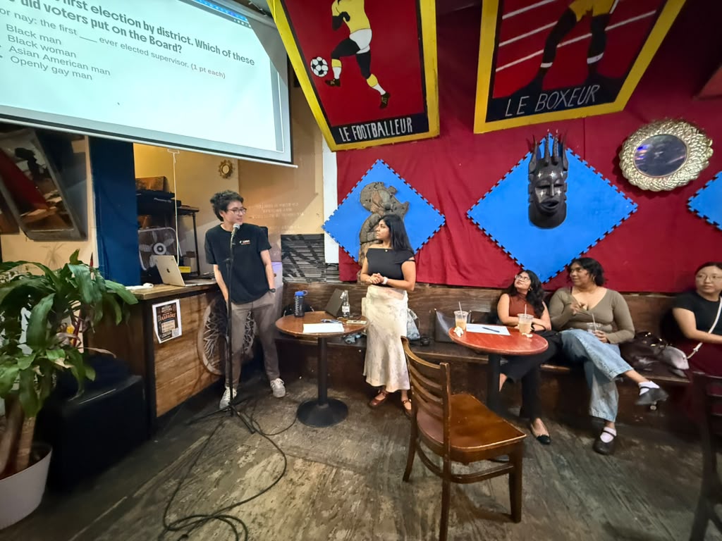 Benji and Shreya co-hosting the SF map trivia event